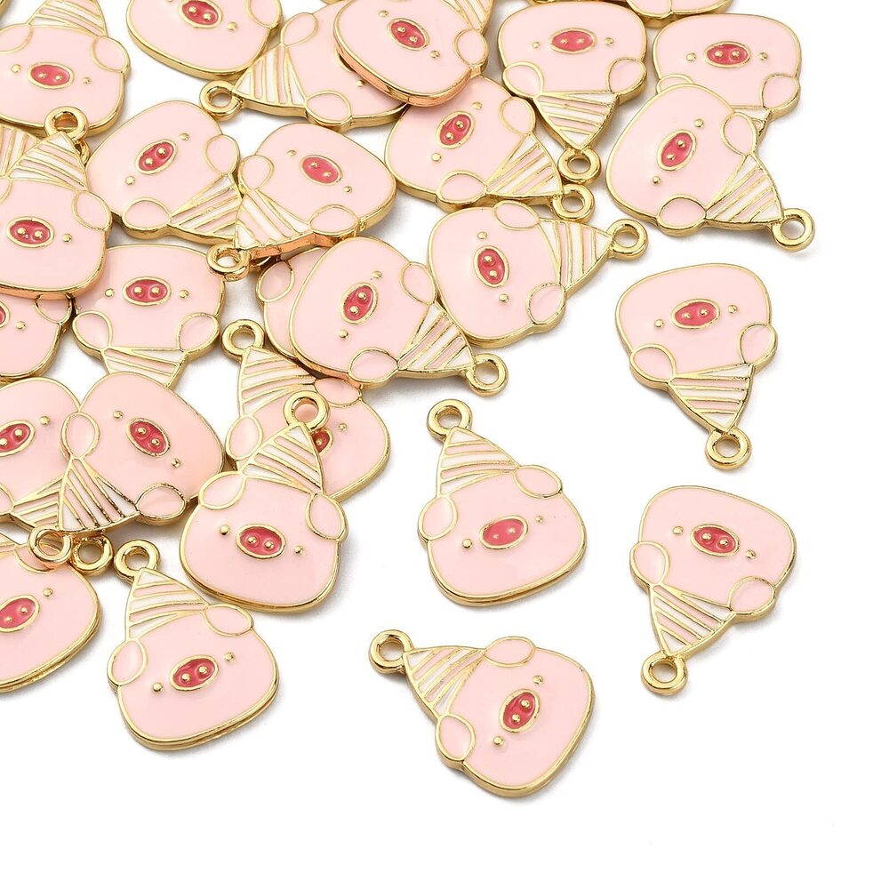4708 100 Pcs Cute Enamel Pink Pig with Hat Charms Metal Alloy Small Cartoon